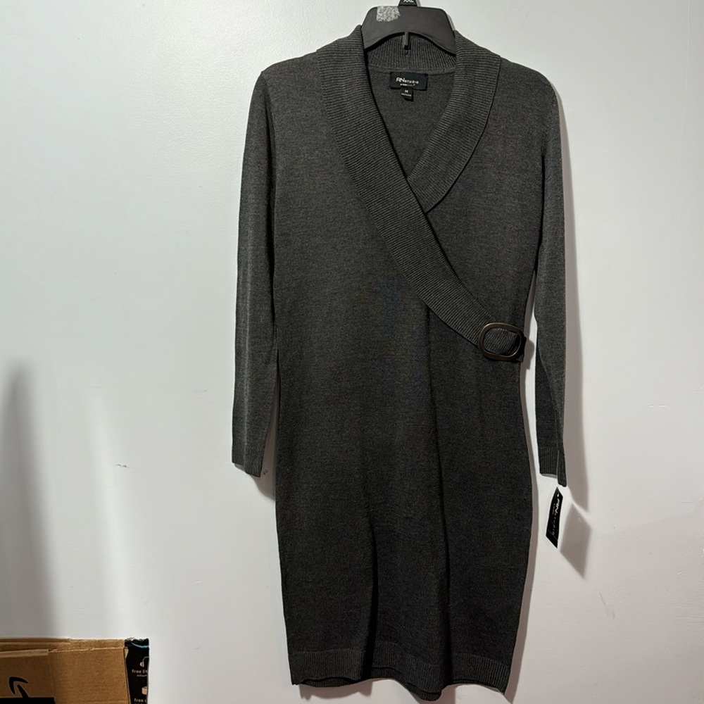 Ronni Nicole Sweater Dress, Faux Wrap Style, Buckle Detail, Gray, in Size M NWT - Picture 2 of 16